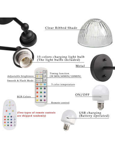 Aplique de pared recargable Phansthy negro con control remoto