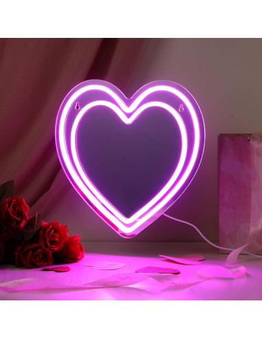 Espejo LED Neón Rosa Corazón Chitidr 30.48 cm Decoración