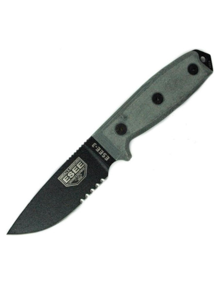 Cuchillo ESEE 3 Serrado con Mango de Micarta y Funda Marrón Cuchillo ESEE 3 Serrado con Mango de Micarta y Funda Marrón