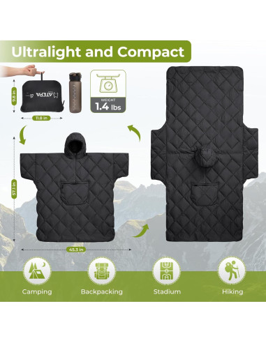 Saco de Dormir Usable ATEPA 3 en 1 Negro - Manta y Poncho