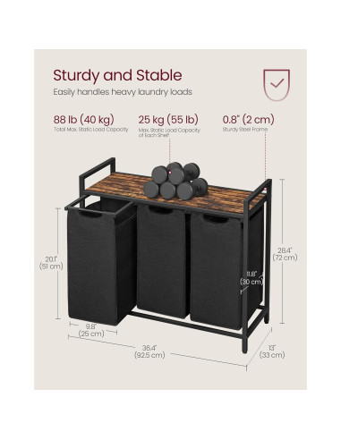 Cesto de Ropa Sucia VASAGLE 3 Compartimentos 120L Negro