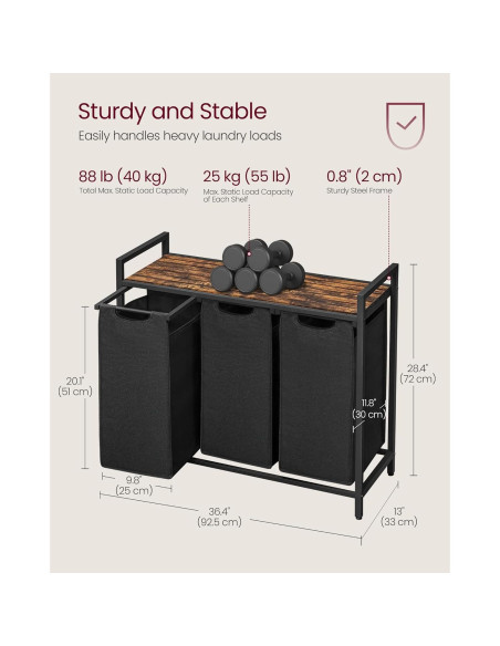 Cesto de Ropa Sucia VASAGLE 3 Compartimentos 120L Negro Cesto de Ropa Sucia VASAGLE 3 Compartimentos 120L Negro