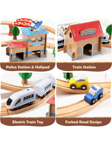 Juego de Tren de Madera Eléctrico HOLYFUN 88 Piezas para Niños