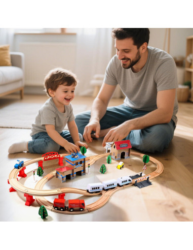 Juego de Tren de Madera Eléctrico HOLYFUN 88 Piezas para Niños