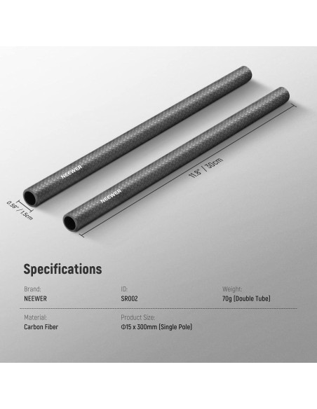 Varillas de Fibra de Carbono NEEWER 15mm Paquete de 2 - 30cm Varillas de Fibra de Carbono NEEWER 15mm Paquete de 2 - 30cm