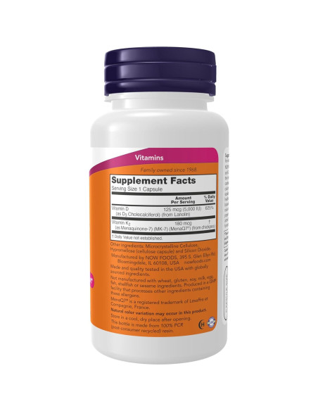 NOW Mega D-3 y K-2 MK-7 5000 UI 180 mcg 120 Cápsulas NOW Mega D-3 y K-2 MK-7 5000 UI 180 mcg 120 Cápsulas