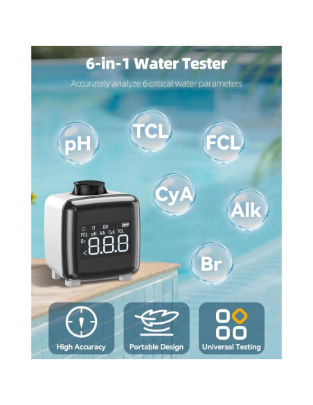 Kit de Prueba de Agua Digital 6 en 1 Pawfly - pH, Cloro, Bromo Kit de Prueba de Agua Digital 6 en 1 Pawfly - pH, Cloro, Bromo