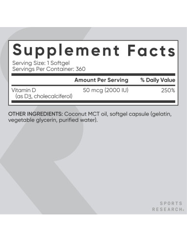 Suplemento de Vitamina D3 2000 IU Sports Research 360 Cápsulas