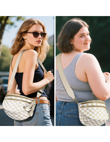 Bolso Cruzado de Nylon Impermeable para Mujeres - Cuadros Beige Bolso Cruzado de Nylon Impermeable para Mujeres - Cuadros Beige