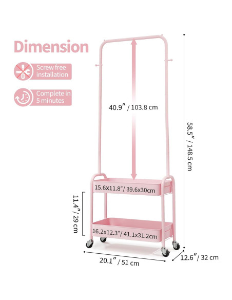 Perchero para Niños KINGRACK Rosa con Ruedas y Canasta Perchero para Niños KINGRACK Rosa con Ruedas y Canasta