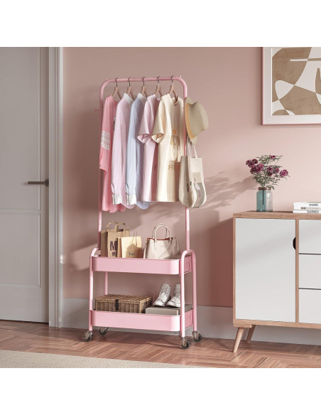 Perchero para Niños KINGRACK Rosa con Ruedas y Canasta Perchero para Niños KINGRACK Rosa con Ruedas y Canasta