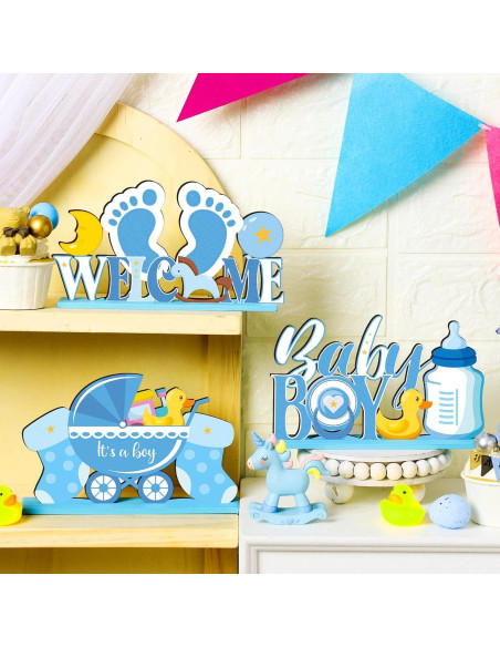 6 Piezas Decoraciones de Mesa Madera Baby Shower Azul 6 Piezas Decoraciones de Mesa Madera Baby Shower Azul