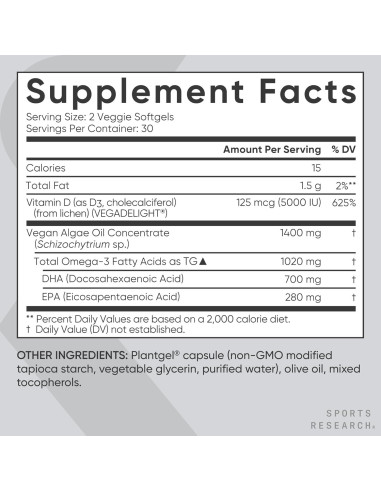 Suplemento Vegano Omega-3 Sports Research 1020mg + D3 5000iu
