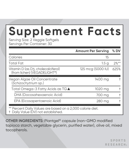 Suplemento Vegano Omega-3 Sports Research 1020mg + D3 5000iu Suplemento Vegano Omega-3 Sports Research 1020mg + D3 5000iu