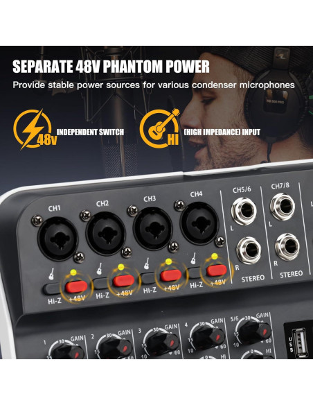 Mezclador de Audio TKLBLS T6 6 Canales USB con Phantom 48V Mezclador de Audio TKLBLS T6 6 Canales USB con Phantom 48V