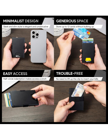 Billetera Minimalista Aluminio RFID Hombres Negro 12+ Tarjetas