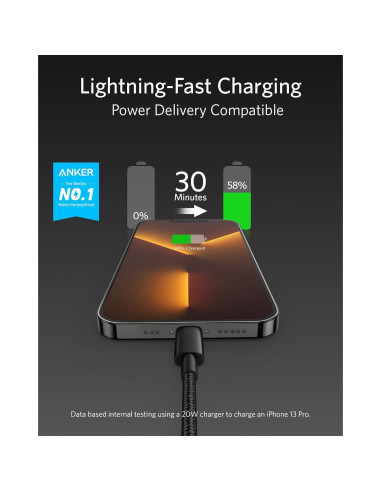 Cable USB C a Lightning Anker A8625 30 cm Nylon MFi Negro