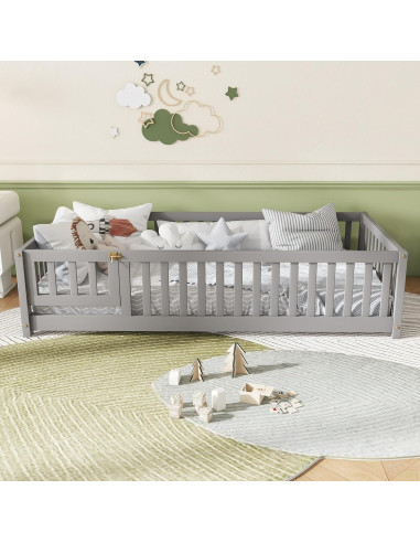 Cama de Piso Twin Bellemave con Cerca y Puerta - Madera Gris