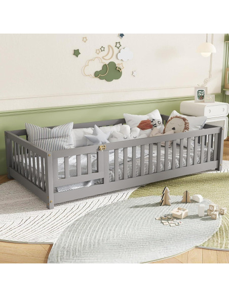 Cama de Piso Twin Bellemave con Cerca y Puerta - Madera Gris Cama de Piso Twin Bellemave con Cerca y Puerta - Madera Gris