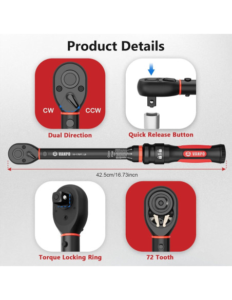 Llave de Torque 1/2" VANPO VP4-170, 13.6-230.5Nm, 72 Dientes Llave de Torque 1/2" VANPO VP4-170, 13.6-230.5Nm, 72 Dientes