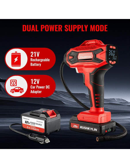 Compresor de Aire Portátil RUSHKYLIN 21V Inalámbrico 160PSI Compresor de Aire Portátil RUSHKYLIN 21V Inalámbrico 160PSI
