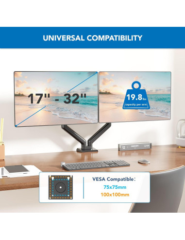 Soporte de Monitor Doble Mount-It! MI-8752BLK 17" a 32" Negro