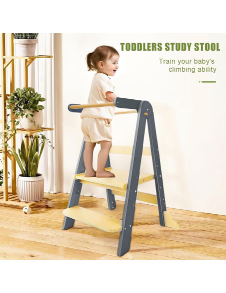 Torre de Aprendizaje Plegable Montessori Madera Gris 2-6 Años Torre de Aprendizaje Plegable Montessori Madera Gris 2-6 Años