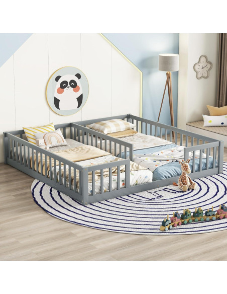Cama Montessori Doble Twin Gris de Madera de Pino con Barandillas Cama Montessori Doble Twin Gris de Madera de Pino con Barandillas