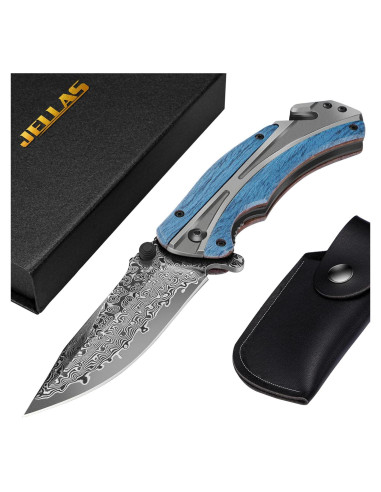 Cuchillo Plegable Jellas de Acero Damasco 9.5 cm Azul