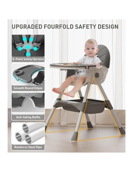 Silla Alta Plegable 5 en 1 ROUTTOON para Bebés - Gris Silla Alta Plegable 5 en 1 ROUTTOON para Bebés - Gris