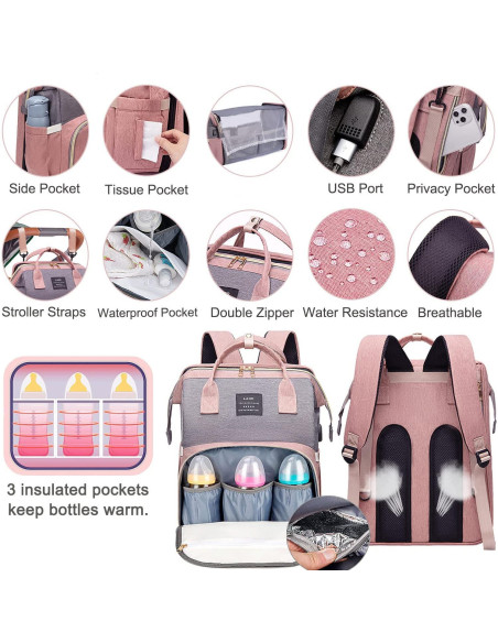 Mochila de Pañales ANWTOTU Rosa-Gris con Estación de Cambio Mochila de Pañales ANWTOTU Rosa-Gris con Estación de Cambio
