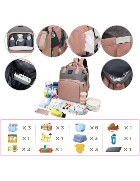 Mochila de Pañales ANWTOTU Rosa-Gris con Estación de Cambio Mochila de Pañales ANWTOTU Rosa-Gris con Estación de Cambio