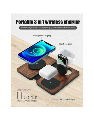 Cargador Inalámbrico 3-en-1 Abbolinxus MagSafe Madera de Nogal