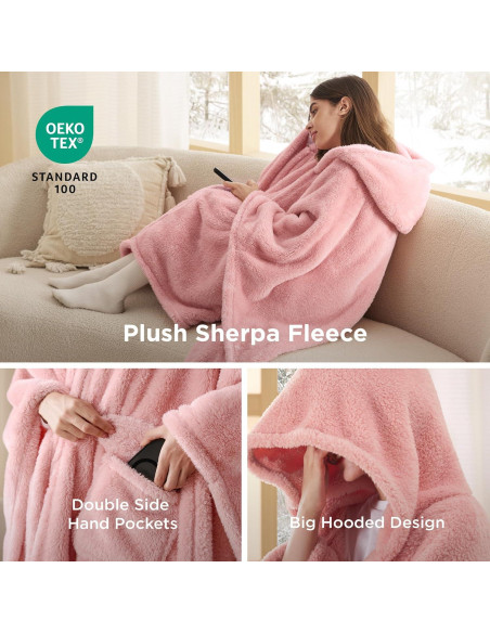 Poncho de Manta Usable Bedsure Rosa con Capucha para Adultos Poncho de Manta Usable Bedsure Rosa con Capucha para Adultos