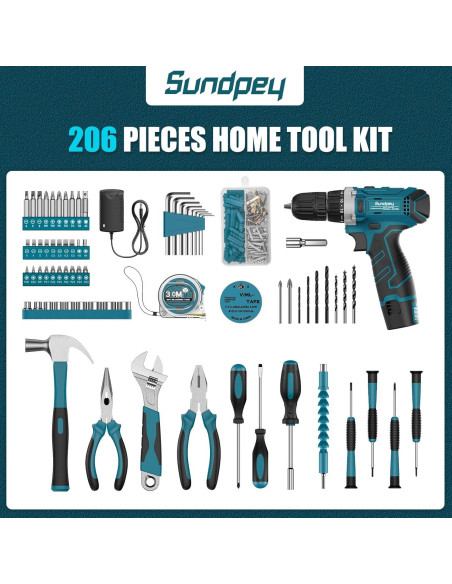 Kit de Herramientas Sundpey 206 Piezas con Taladro Inalámbrico 12V Kit de Herramientas Sundpey 206 Piezas con Taladro Inalámbrico 12V