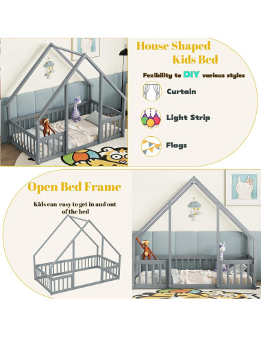 Cama Montessori Twin Mirightone con Barandillas de Seguridad Gris