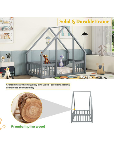 Cama Montessori Twin Mirightone con Barandillas de Seguridad Gris