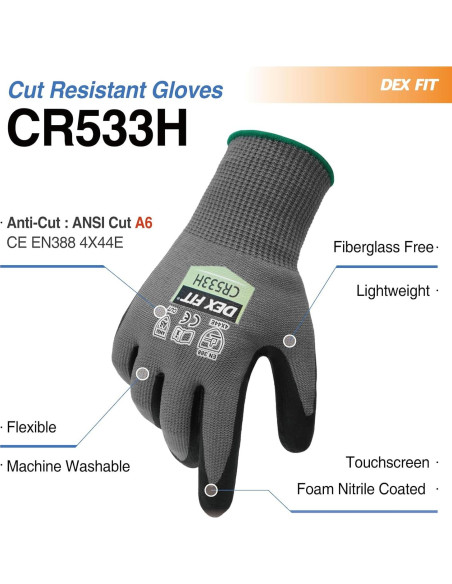 Guantes Resistentes a Cortes DEX FIT CR533H, Talla M, Gris Guantes Resistentes a Cortes DEX FIT CR533H, Talla M, Gris