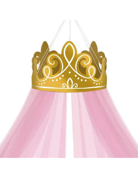 Decoración de Corona Dorada Princesa Disney con Dosel Tul Rosa Decoración de Corona Dorada Princesa Disney con Dosel Tul Rosa