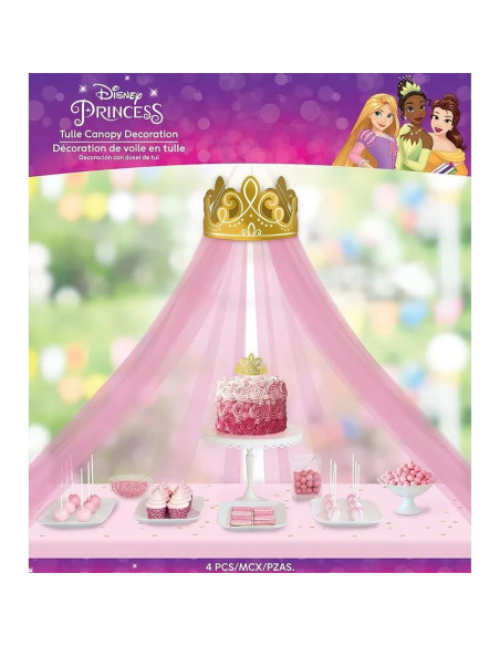 Decoración de Corona Dorada Princesa Disney con Dosel Tul Rosa Decoración de Corona Dorada Princesa Disney con Dosel Tul Rosa