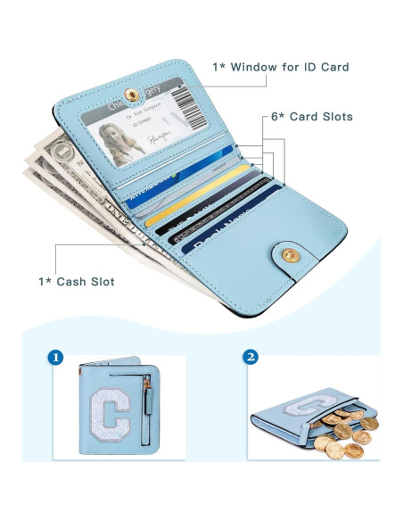Cartera Bifold Compacta RFID COSHAYSOO Azul para Mujeres Cartera Bifold Compacta RFID COSHAYSOO Azul para Mujeres