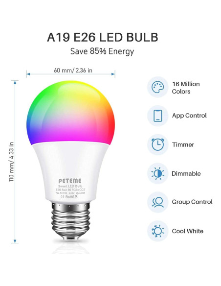 Bombilla Inteligente LED RGB WiFi Peteme E26 60W 1 Paquete Bombilla Inteligente LED RGB WiFi Peteme E26 60W 1 Paquete