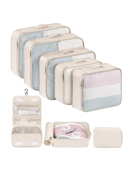 Cubos de Empaque DIMJ 8 Piezas Nylon Beige para Viaje Cubos de Empaque DIMJ 8 Piezas Nylon Beige para Viaje