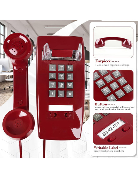 Teléfono de Pared Retro LeHan con Timbre Mecánico Rojo Teléfono de Pared Retro LeHan con Timbre Mecánico Rojo