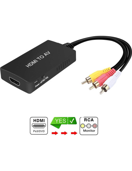 Convertidor HDMI a RCA TaiHuai, Adaptador AV 3RCA Soporta PAL/NTSC Convertidor HDMI a RCA TaiHuai, Adaptador AV 3RCA Soporta PAL/NTSC