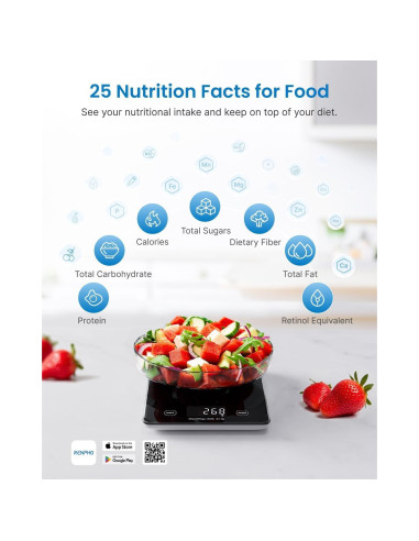 Báscula Digital de Cocina RENPHO 10kg, Vidrio Negro, Nutricional