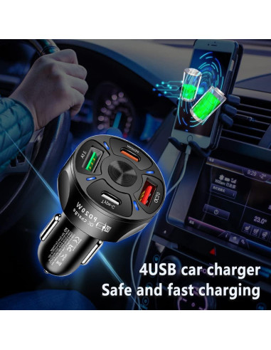 Cargador de Coche Turcee 4 Puertos USB QC3.0 20W Negro