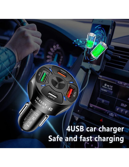 Cargador de Coche Turcee 4 Puertos USB QC3.0 20W Negro Cargador de Coche Turcee 4 Puertos USB QC3.0 20W Negro