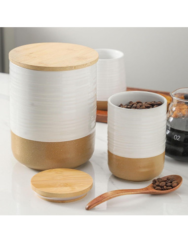 Tarros de Cerámica Hasense con Tapas de Bambú - 2 Piezas 2.27L y 0.68L