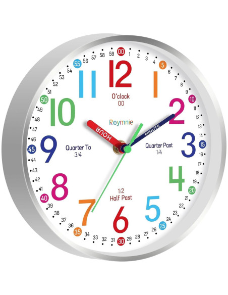 Reloj de Pared Silencioso Roymnie 20.32 cm Colorido para Niños Reloj de Pared Silencioso Roymnie 20.32 cm Colorido para Niños